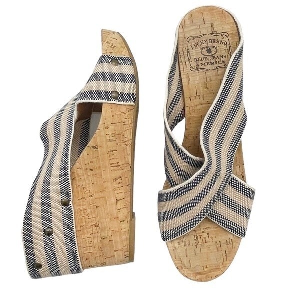 Lucky Brand Miller II Cross Strap Cork Wedge Blue Cream Stripe Women’s Size 9.5 - Picture 2 of 16